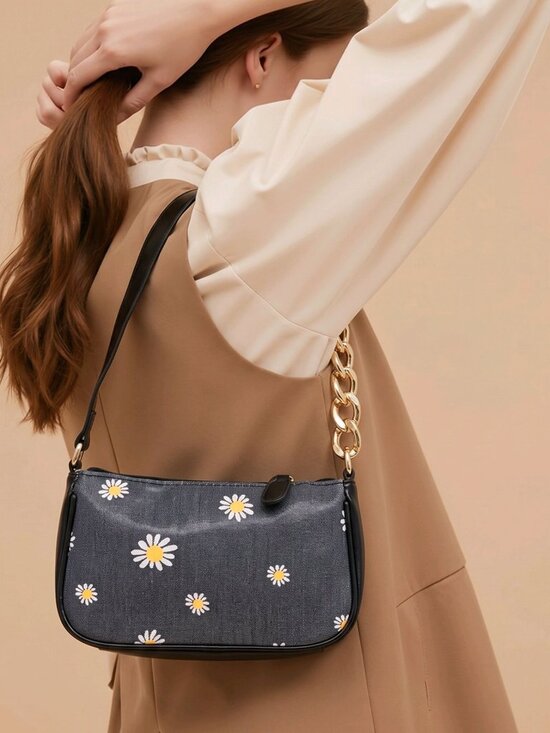 Doll Kill Handbags - Dolls Kill ✦ Daisy Print Crossbody Bag ✦ Black Leather Gold Chain Adjustable NWT